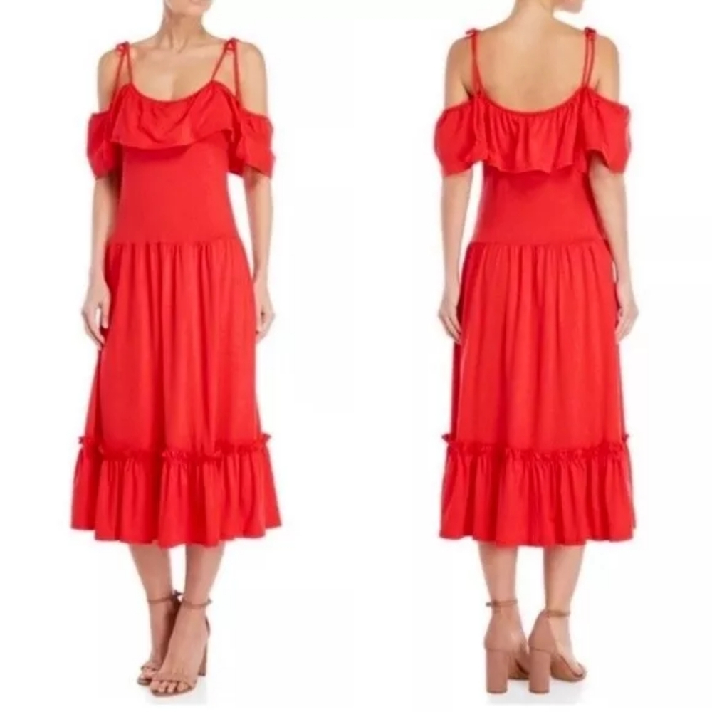 Rebecca Minkoff Mojave‎ Dress Lipstick Red Cold Shoulder Ruffles Midi Size Small